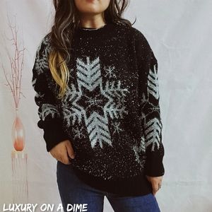 Fuzzy Contrasting Snowflake Knit Classy Minimalist Heavy Metallic Winter Sweater